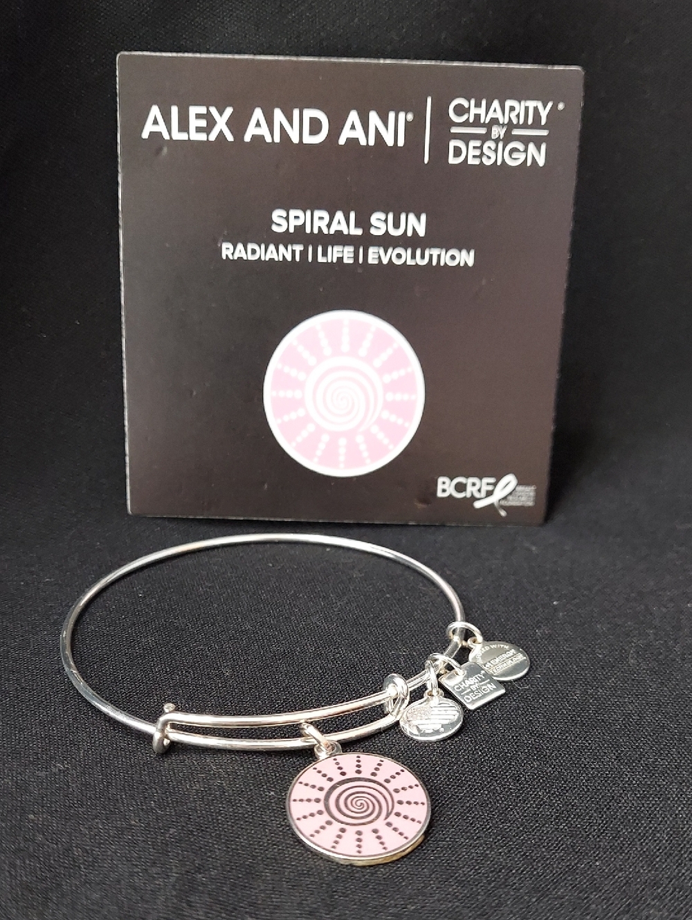 Alex and Ani Pink Spiral Sun Charm Bangle Bracelet In Silver, Breast Cancer